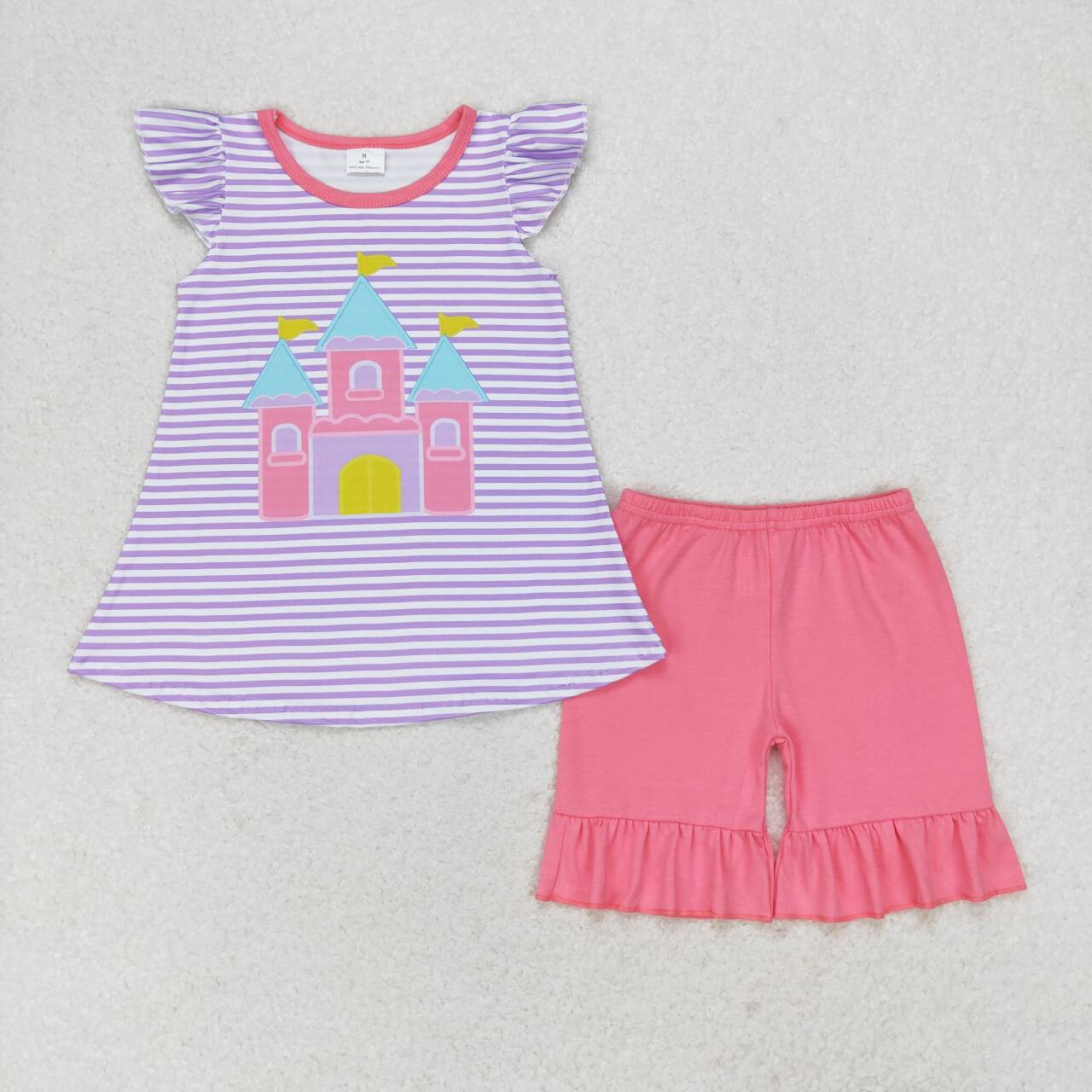 GSSO0775  Castle Print Top Pink Shorts Girls Summer Clothes Set