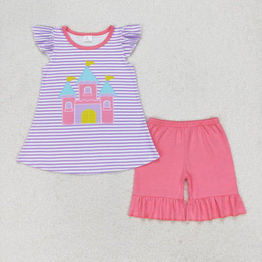 GSSO0775  Castle Print Top Pink Shorts Girls Summer Clothes Set