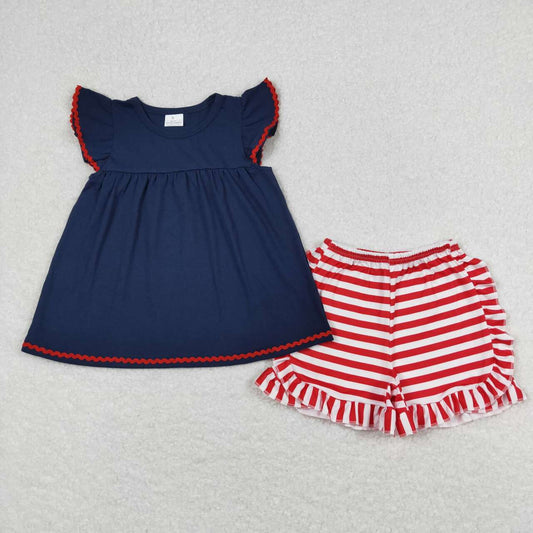 GSSO0796  Navy Tunic Top Red Stripes Shorts Girls 4th of July Clothes Set
