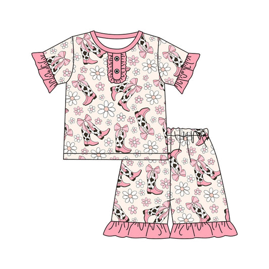 (Pre-order)GSSO0800  Boots Flowers Girls Summer Pajamas Clothes Set