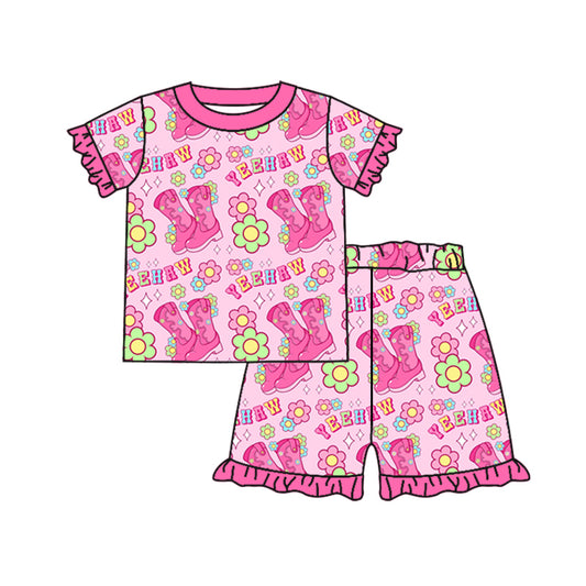 (Pre-order)GSSO0801  Hot Pink Boots Flowers Girls Summer Pajamas Clothes Set