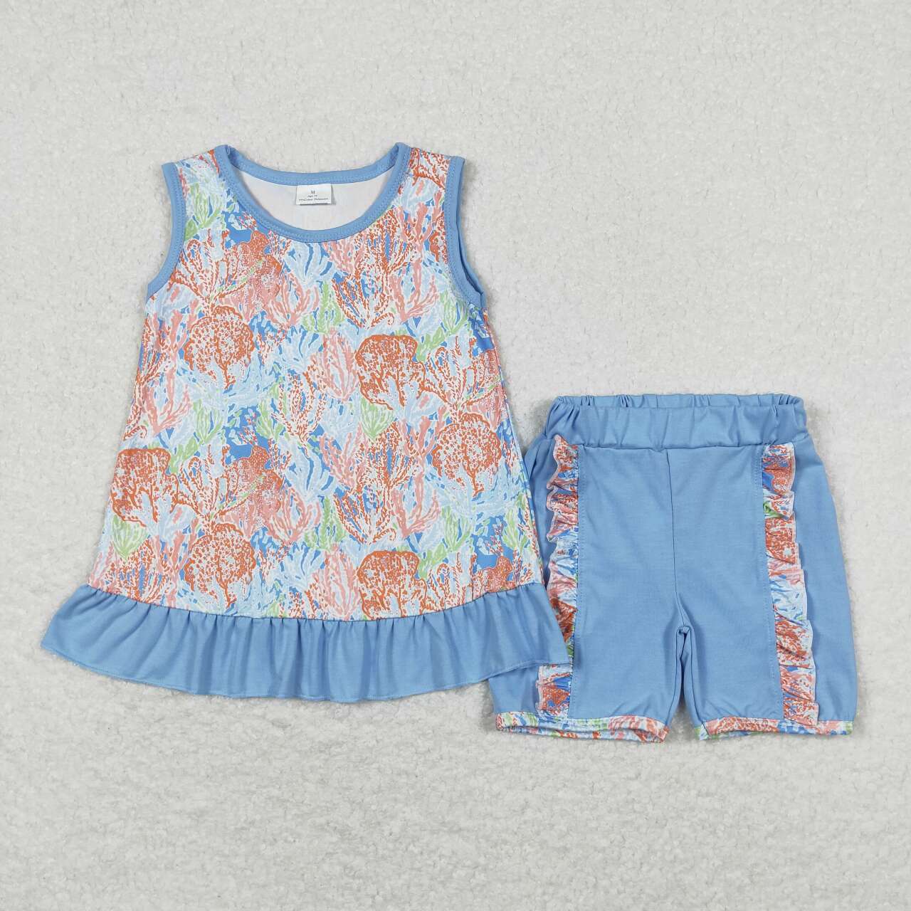 GSSO0831 Flowers Top Blue Shorts Girls Summer Clothes Set