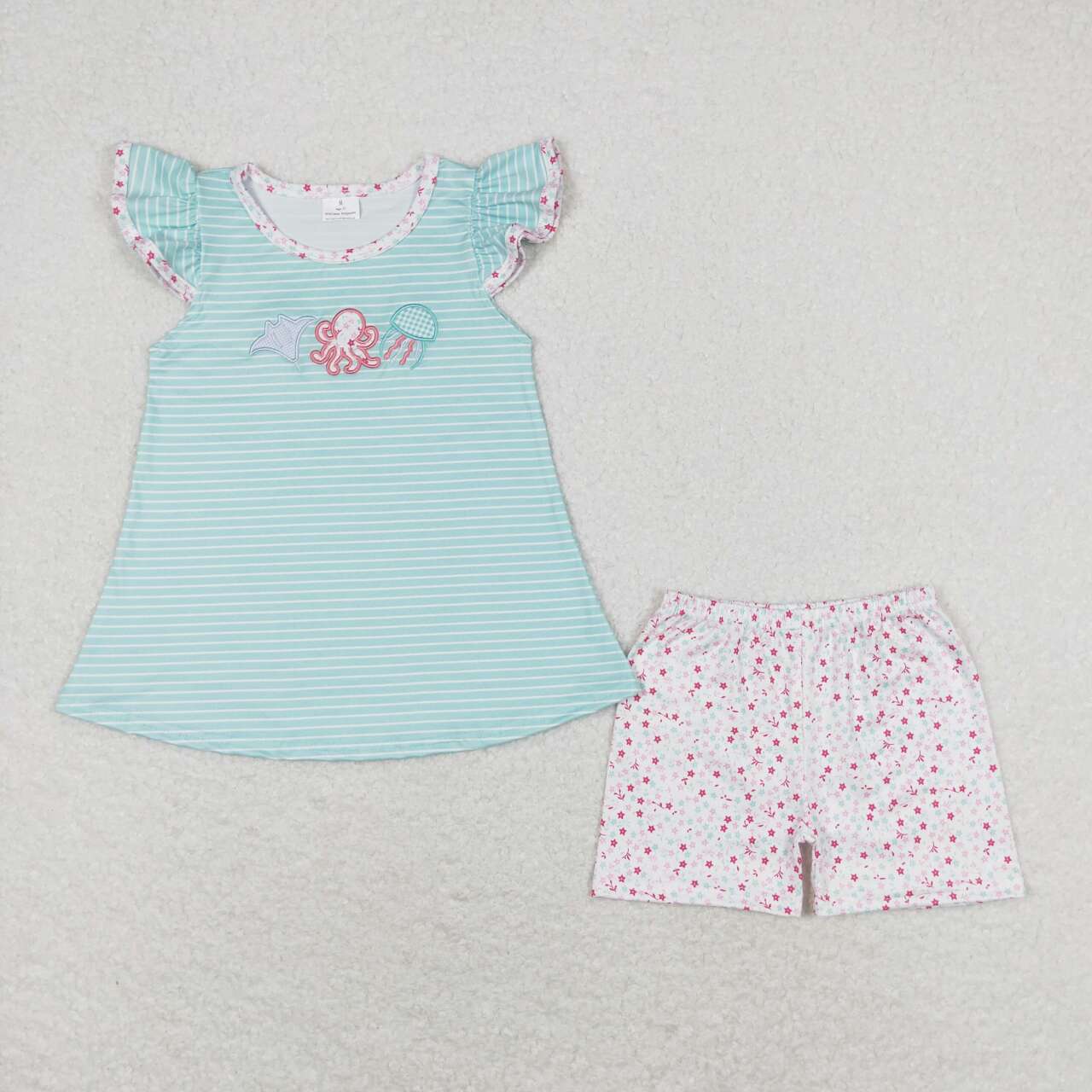 GSSO0833  Fish Octopus Jellyfish Embroidery Stripes Top Stars Shorts Girls Summer Clothes Set