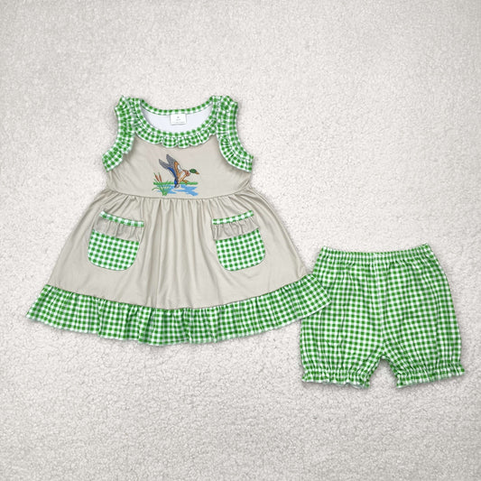 GSSO0848  Duck Pockets Tunic Top Green Plaid Shorts Girls Summer Clothes Set