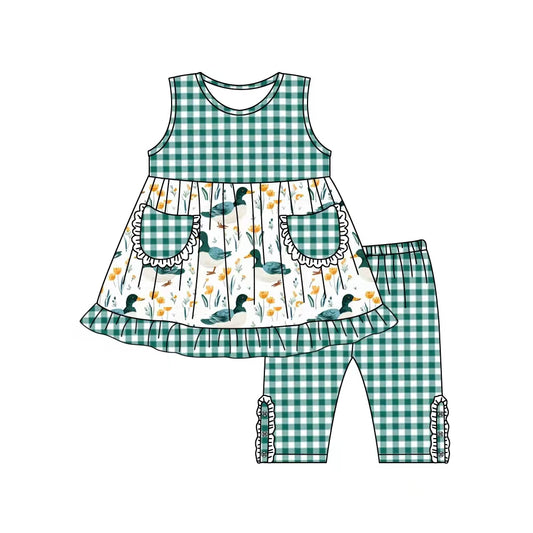 (Pre-order)GSSO0849  Duck Pockets Tunic Top Green Plaid Shorts Girls Summer Clothes Set