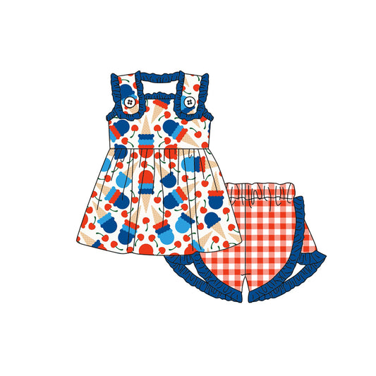 (Pre-order)GSSO0854  Popsicle Cherry Tunic Top Ruffle Shorts Girls 4th of July Clothes Set