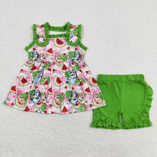 GSSO0859  Watermelon Cartoon Dog Tunic Top Green Shorts Girls Summer Clothes Set