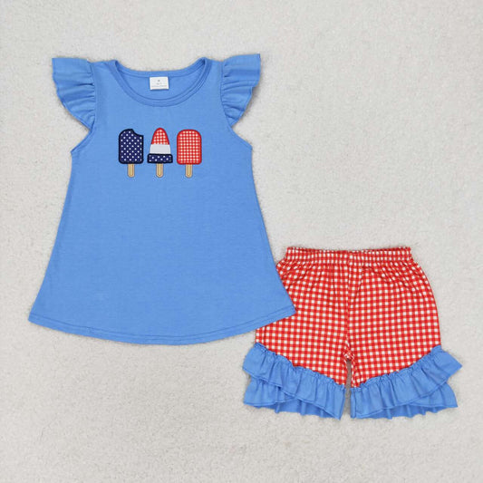 GSSO0860  Popsicle Embroidery Blue Top Red Plaid Shorts Girls 4th of July Clothes Set