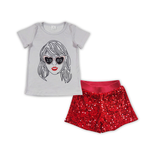 GSSO0861 Singer Swiftie Top Red Sequin Shorts Girls Summer Clothes Sets