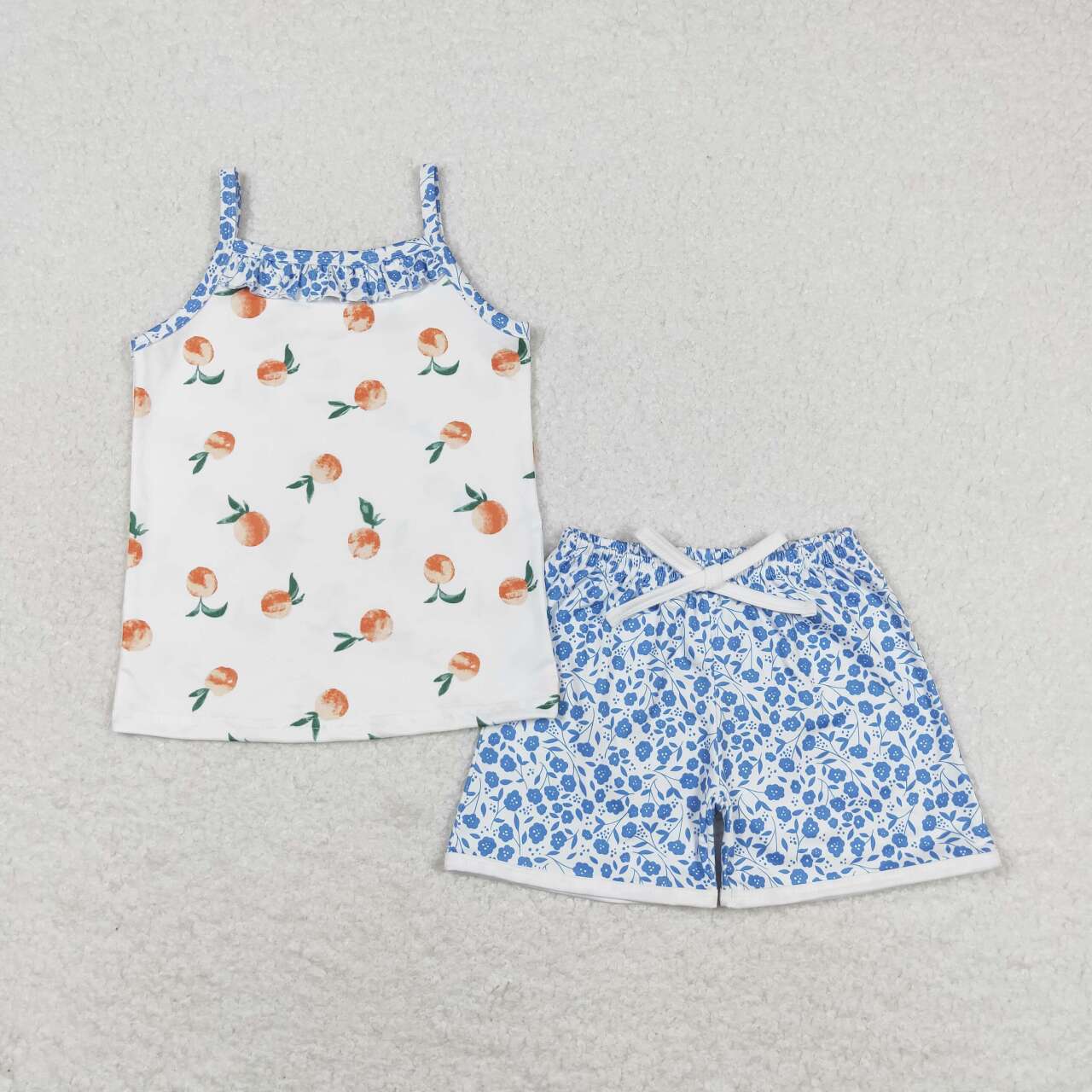 GSSO0864  Peach Print Top Flowers Shorts Girls Summer Clothes Set