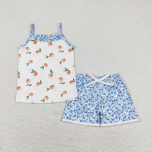 GSSO0864  Peach Print Top Flowers Shorts Girls Summer Clothes Set