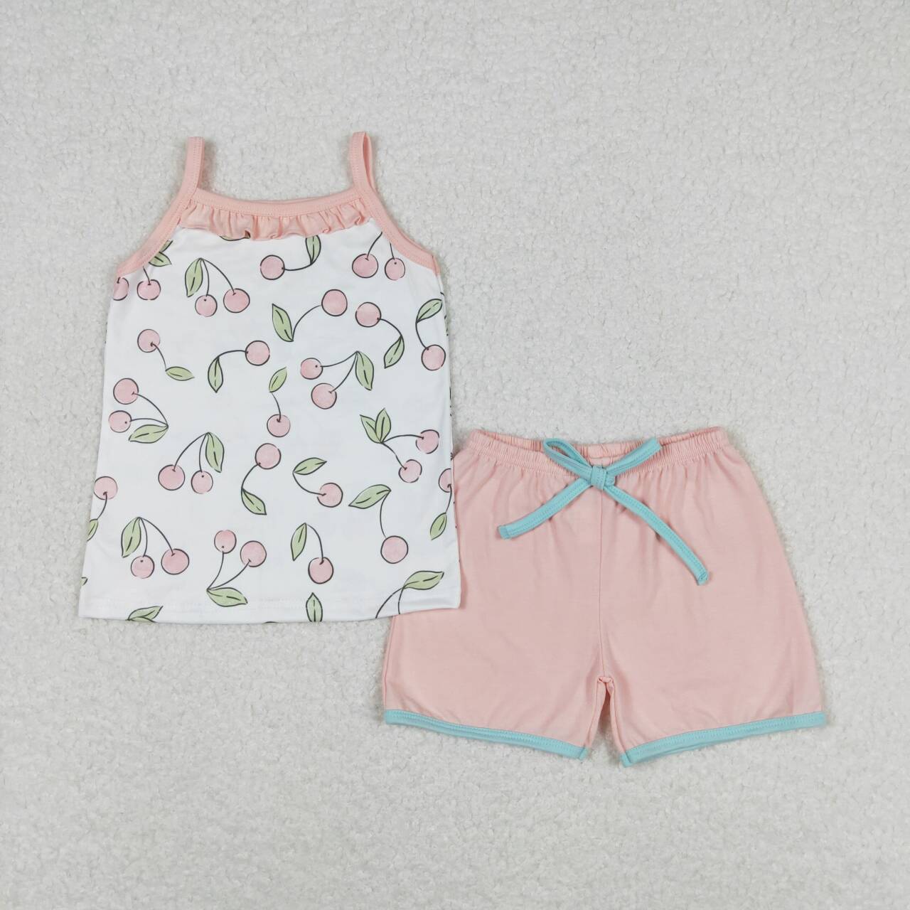 GSSO0865  Cherry Top Pink Shorts Girls Summer Clothes Set