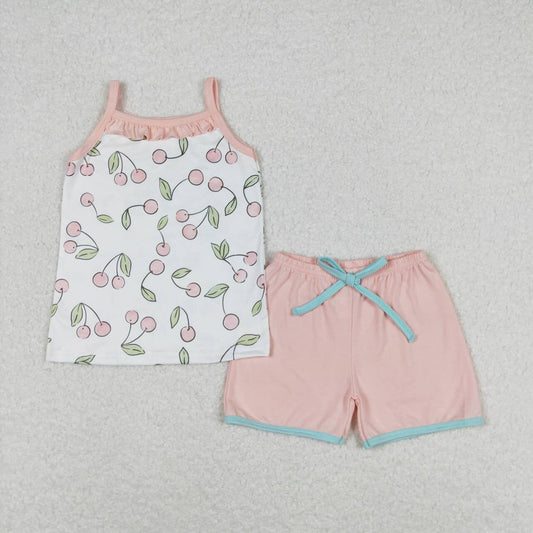 GSSO0865  Cherry Top Pink Shorts Girls Summer Clothes Set