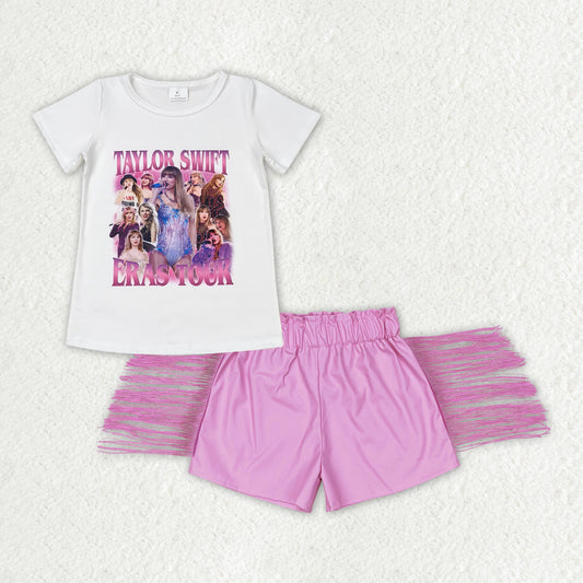 GSSO0877  Singer Swiftie Top Pink Tassels  Leather Shorts Girls Summer Clothes Set