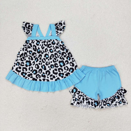 GSSO0878  Blue Leopard Top Ruffle Shorts Girls Summer Clothes Set