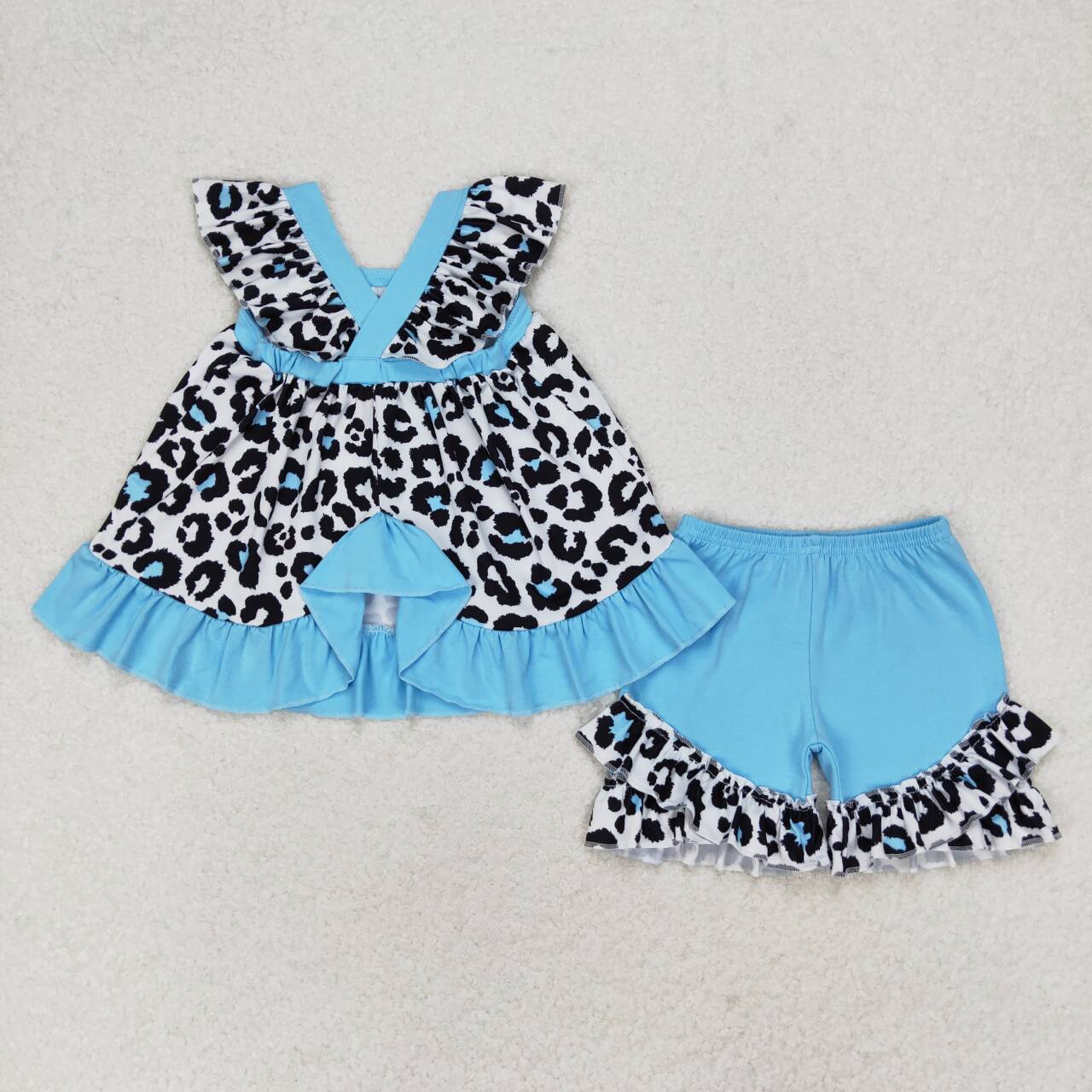 GSSO0878  Blue Leopard Top Ruffle Shorts Girls Summer Clothes Set