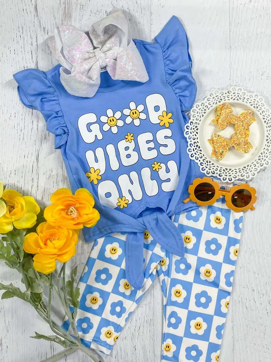 (Pre-order)GSSO0881  Blue Flowers Smiling Face Print Girls Summer Clothes Set