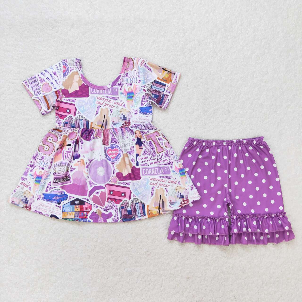 GSSO0897  Purple Singer Swiftie Tunic Top Dots Shorts Girls Summer Clothes Set