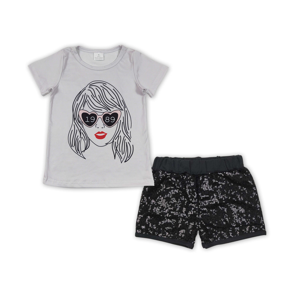 GSSO0898 Singer Swiftie Top Black Sequin Shorts Girls Summer Clothes Sets