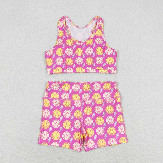 GSSO0904  Pink Smiling Face Print Girls Summer Clothes Set