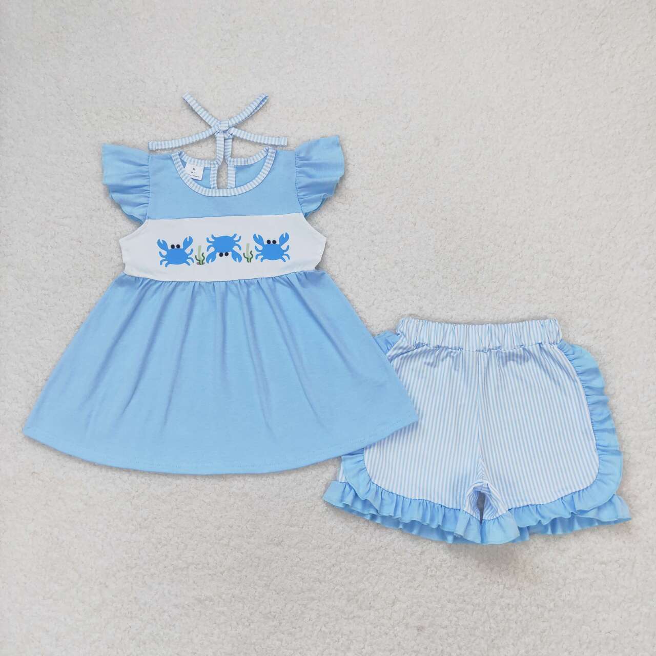 Blue Crab Stripes Print Sibling Summer Matching Clothes
