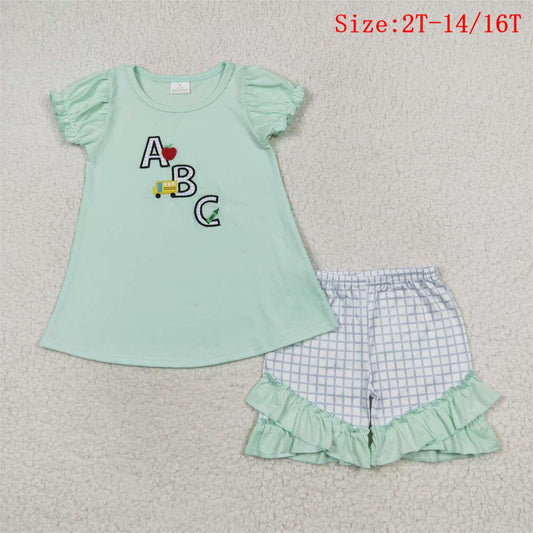 GSSO0930  ABC Embroidery Top Plaid Shorts Girls Back to School Clothes Set