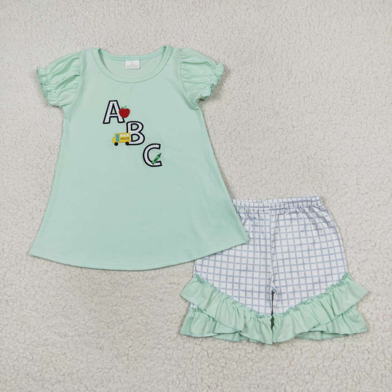 GSSO0930  ABC Embroidery Top Plaid Shorts Girls Back to School Clothes Set