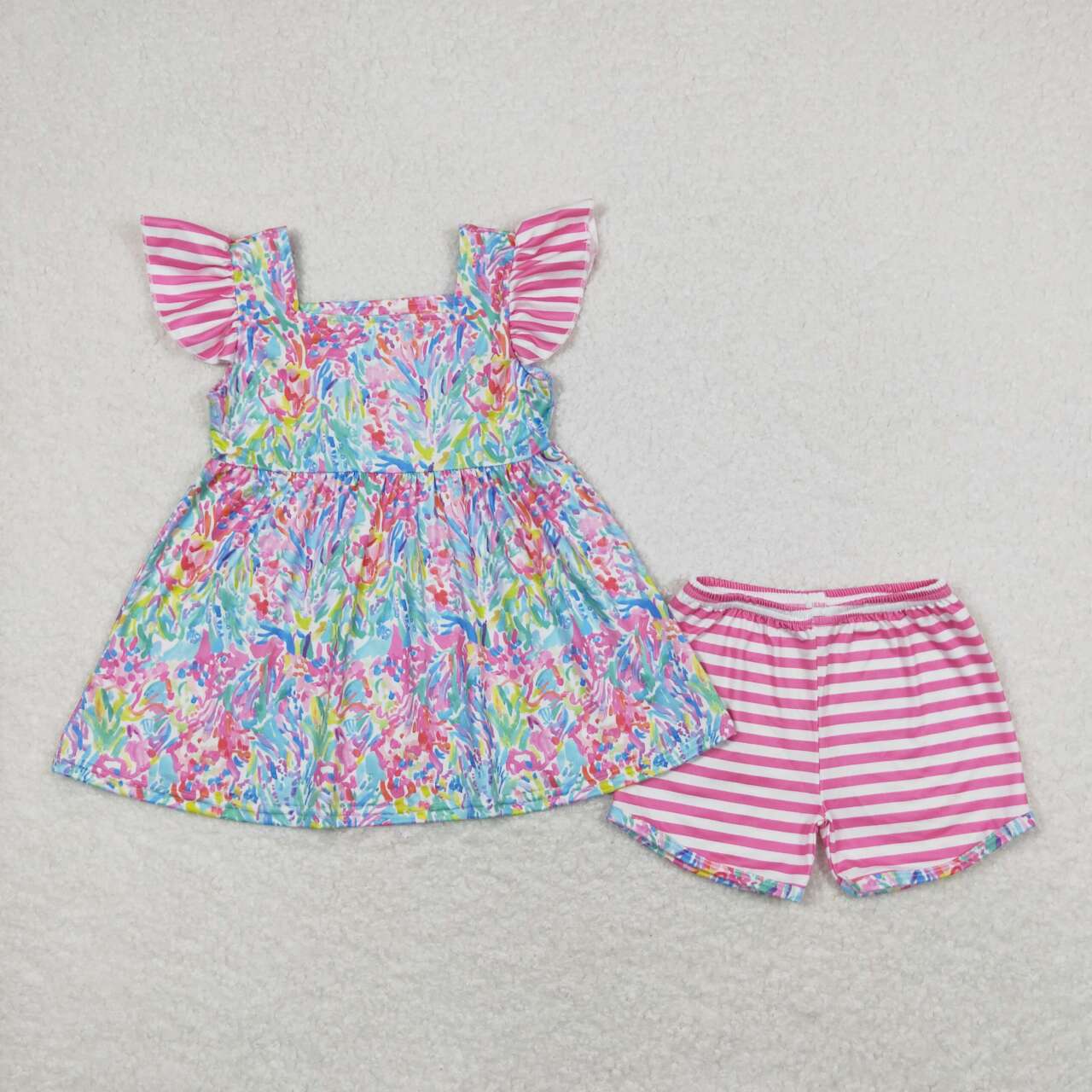 GSSO0937 Flowers Tunic Top Stripes Shorts Girls Summer Clothes Set