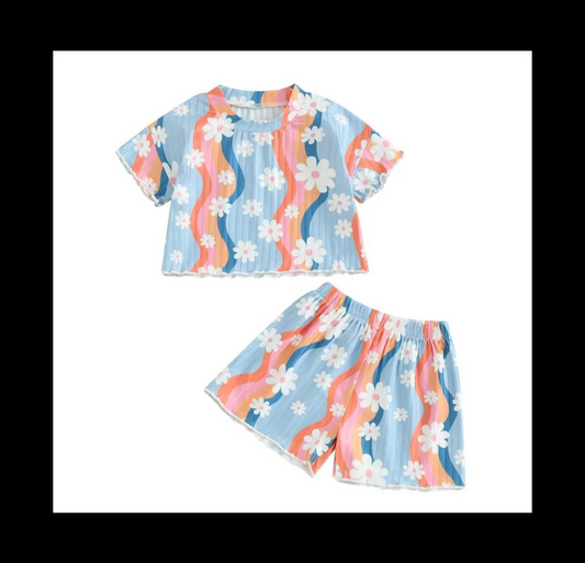 (Pre-order)GSSO0945  Flowers Print Shorts Girls Summer Pajamas Clothes Set