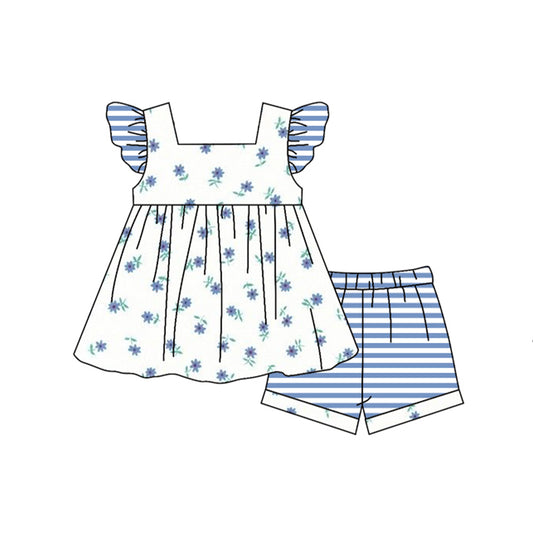 (Pre-order)GSSO0948  Blue Flowers Print Top Stripes Shorts Girls Summer Clothes Set