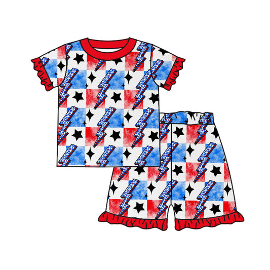 (Pre-order)GSSO0953 Flash Stars Red Blue Plaid Print Shorts Girls 4th of July Pajamas Clothes Set