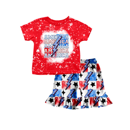 (Pre-order)GSSO0954 America Flash Top Plaid Shorts Girls 4th of July Clothes Set