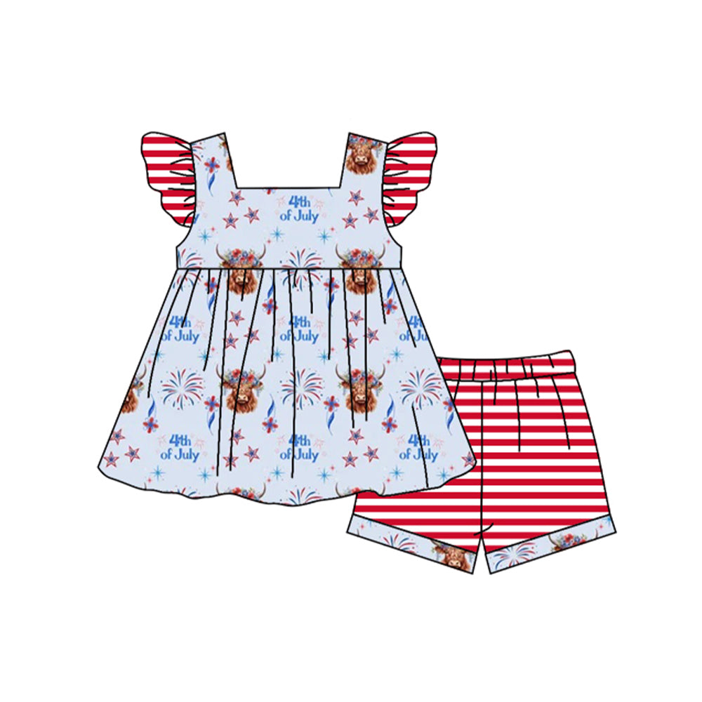 (Pre-order)GSSO0964  Highland Cow Fireworks Top Stripes Shorts Girls 4th of July Clothes Set