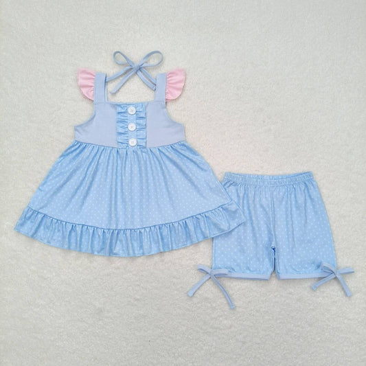 GSSO0973  Princess Design Blue Dots Tunic Top Shorts Girls Summer Clothes Set