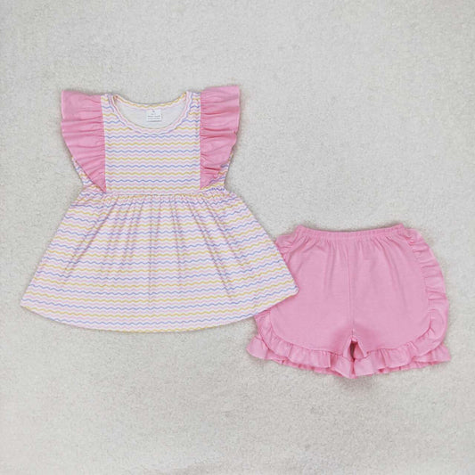 GSSO0976  Pink Stripes Tunic Top Ruffle Shorts Girls Summer Clothes Set