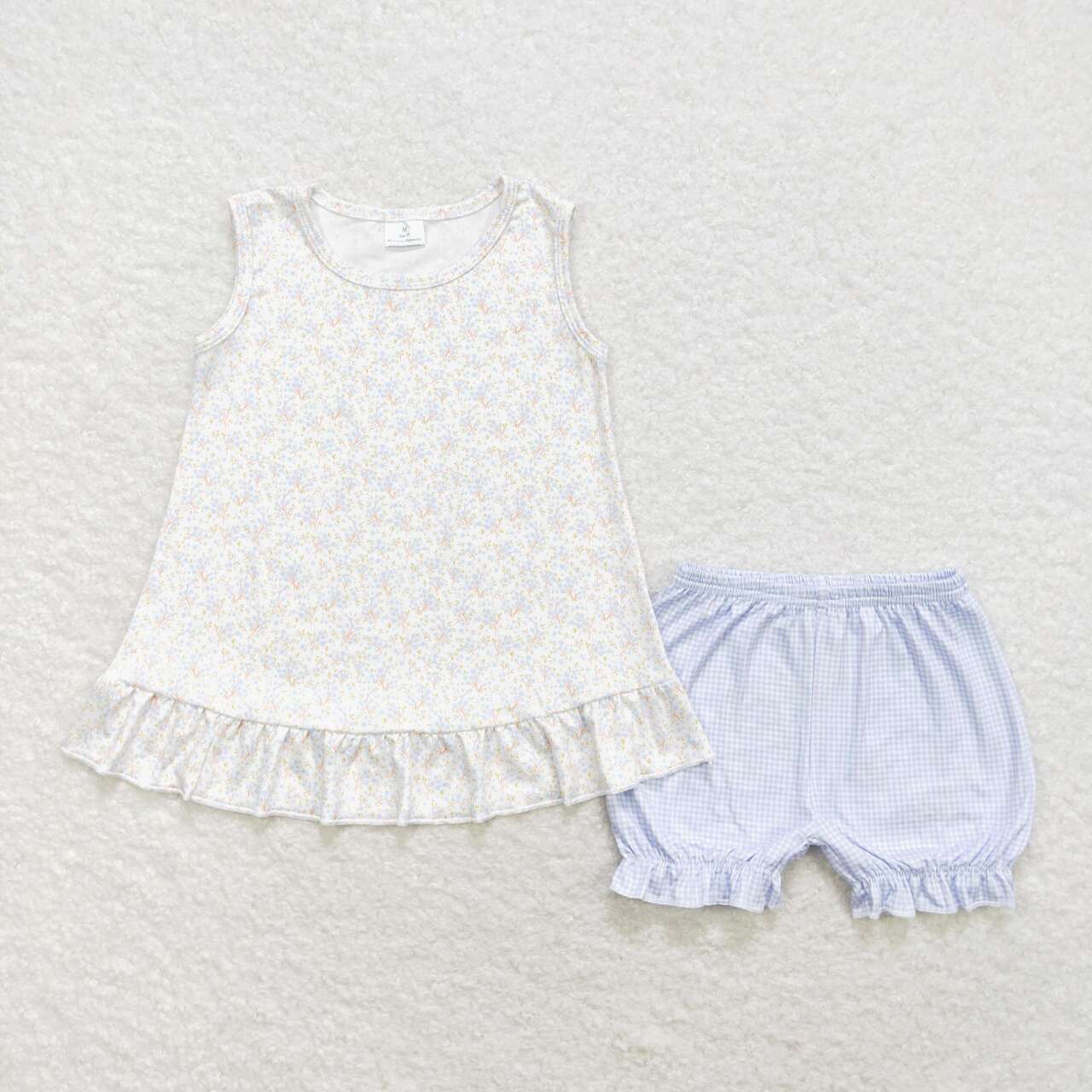 GSSO0980  Small Flowers Top Plaid Shorts Girls Summer Clothes Set