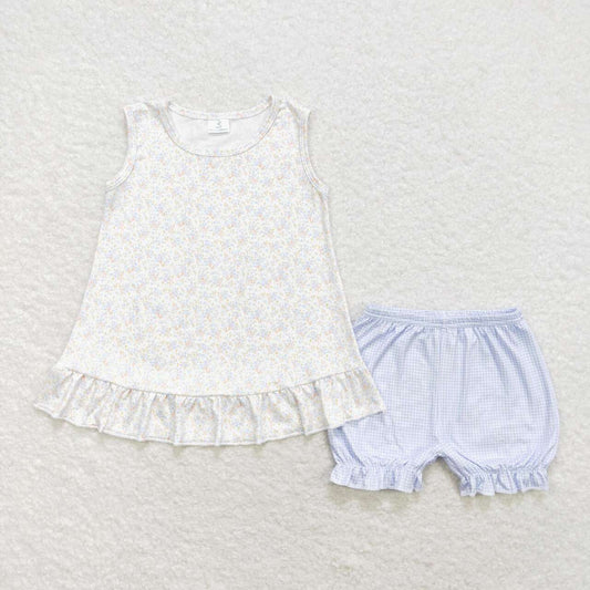 GSSO0980  Small Flowers Top Plaid Shorts Girls Summer Clothes Set