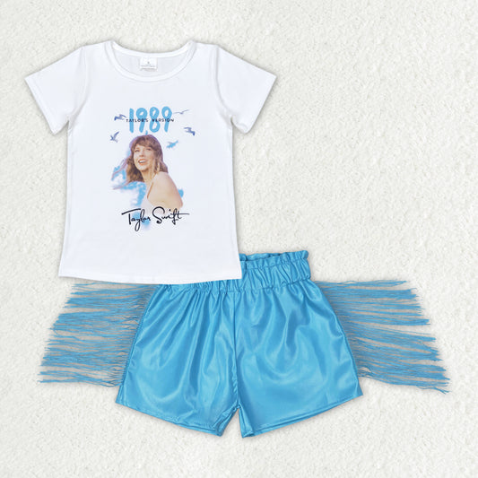 GSSO0984 Singer Swiftie Top Blue Tassels Shorts Girls Summer Outfits