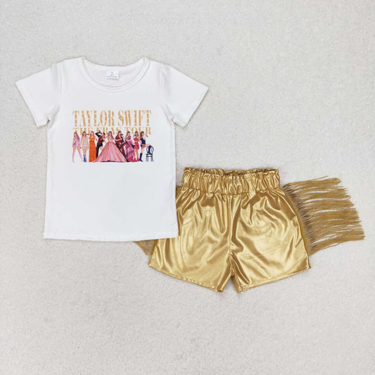 GSSO0985  Singer Swiftie Top Gold Tassels  Leather Shorts Girls Summer Clothes Set