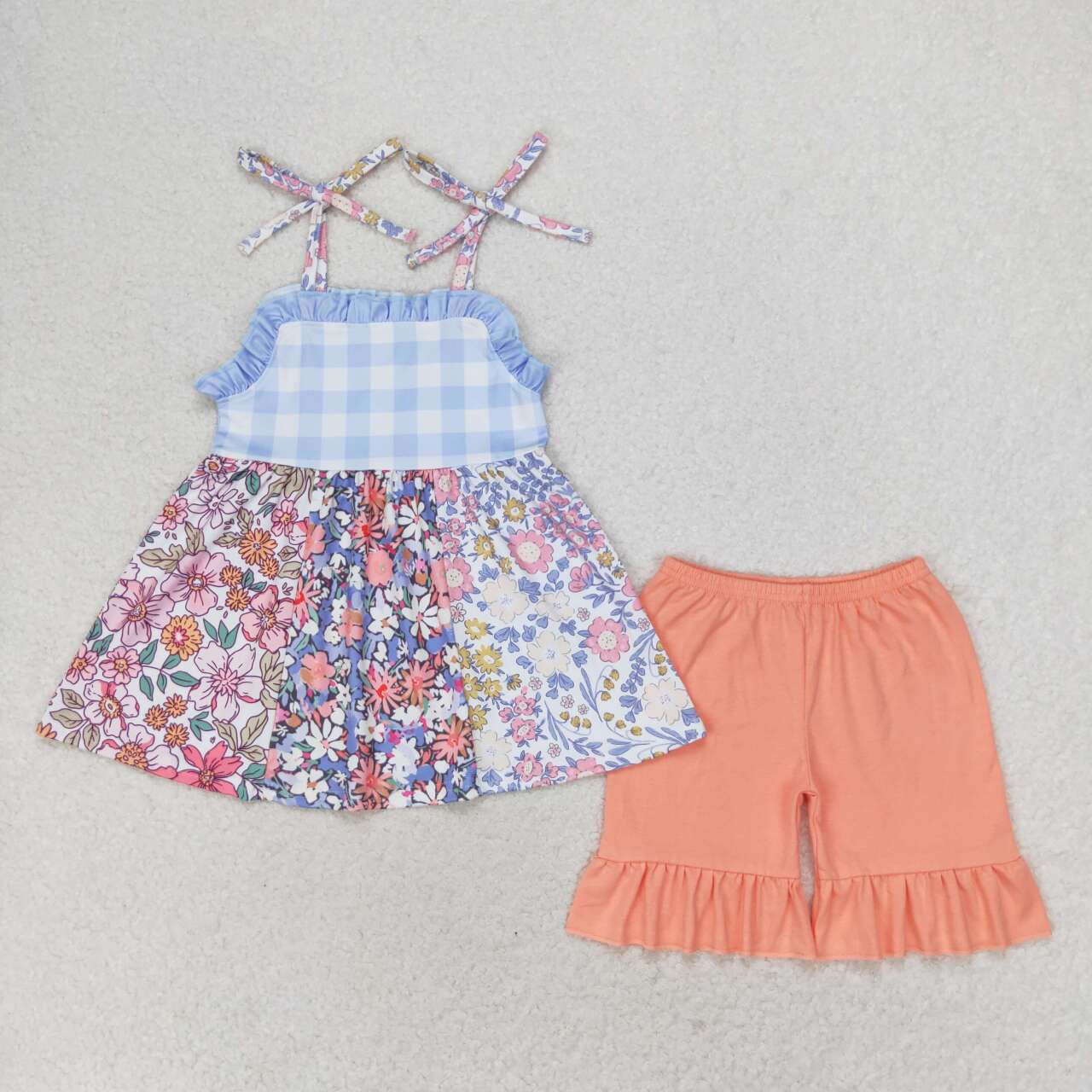 GSSO0990  Flowers Tunic Strap Top Orange Shorts Girls Summer Clothes Set