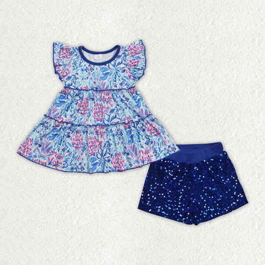 GSPO1499 Blue Flowers Top Blue Sequin Shorts Girls Summer Clothes Sets