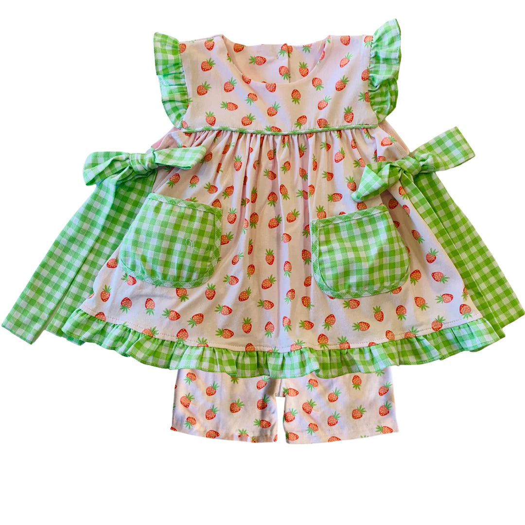 (Pre-order)GSSO1002  Strawberry Print Pockets Tunic Top Shorts Girls Summer Clothes Set