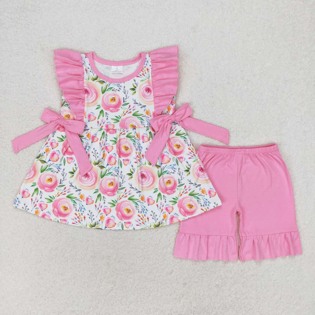 GSSO1003  Flowers Tunic Top Pink Shorts Girls Summer Clothes Set