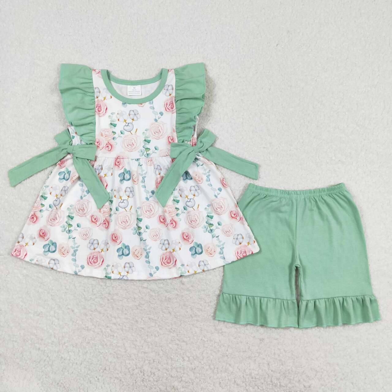 GSSO1004  Flowers Top Green Shorts Girls Summer Clothes Set