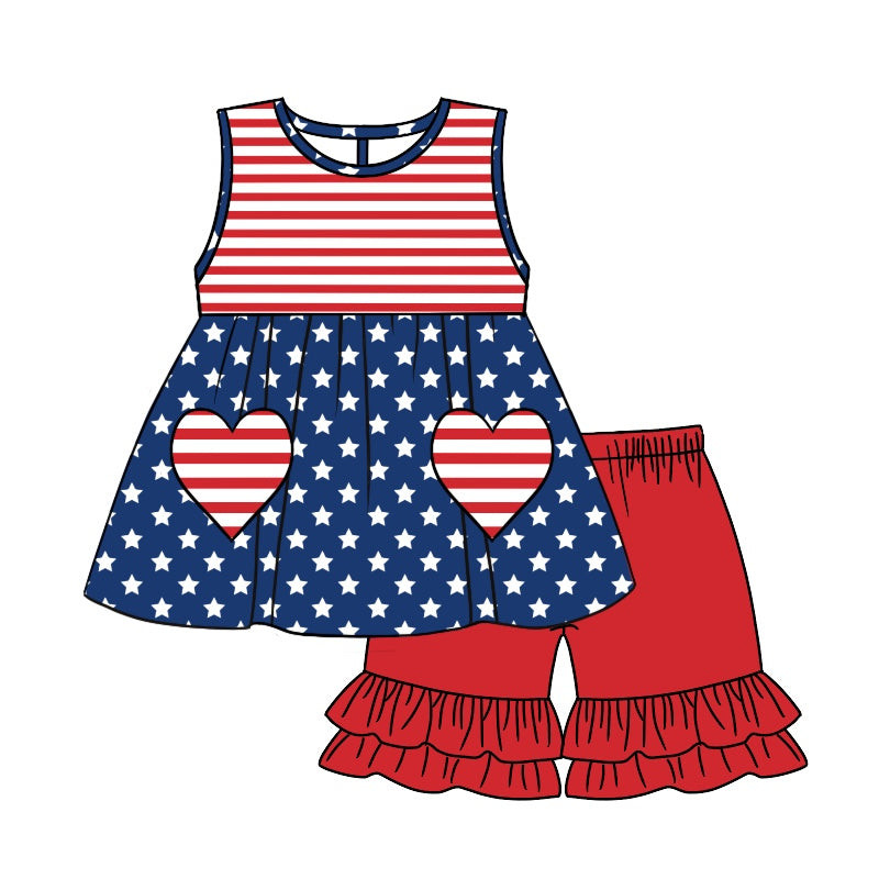 (Pre-order)GSSO1014  Stars Stripes Top Red Shorts Girls 4th of July Clothes Set