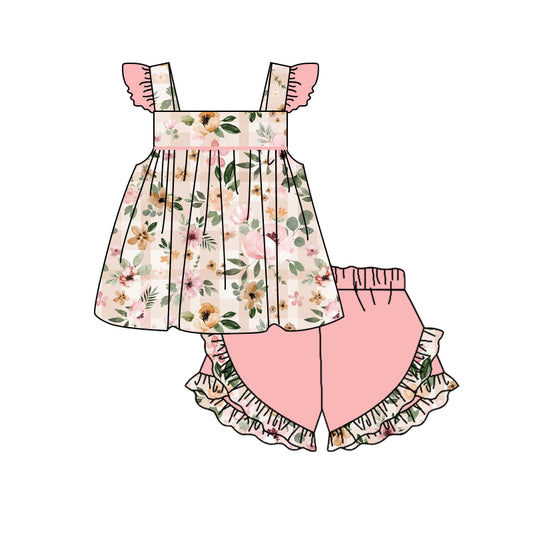 (Pre-order)GSSO1016  Flowers Top Ruffle Shorts Girls Summer Clothes Set