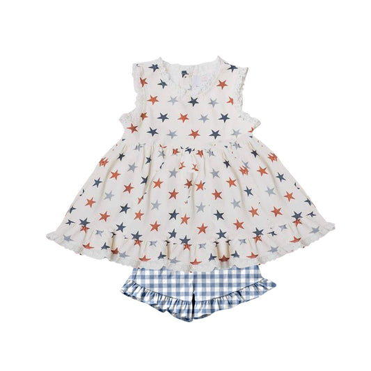(Pre-order)GSSO1027  Stars Top Plaid Shorts Girls 4th of July Clothes Set