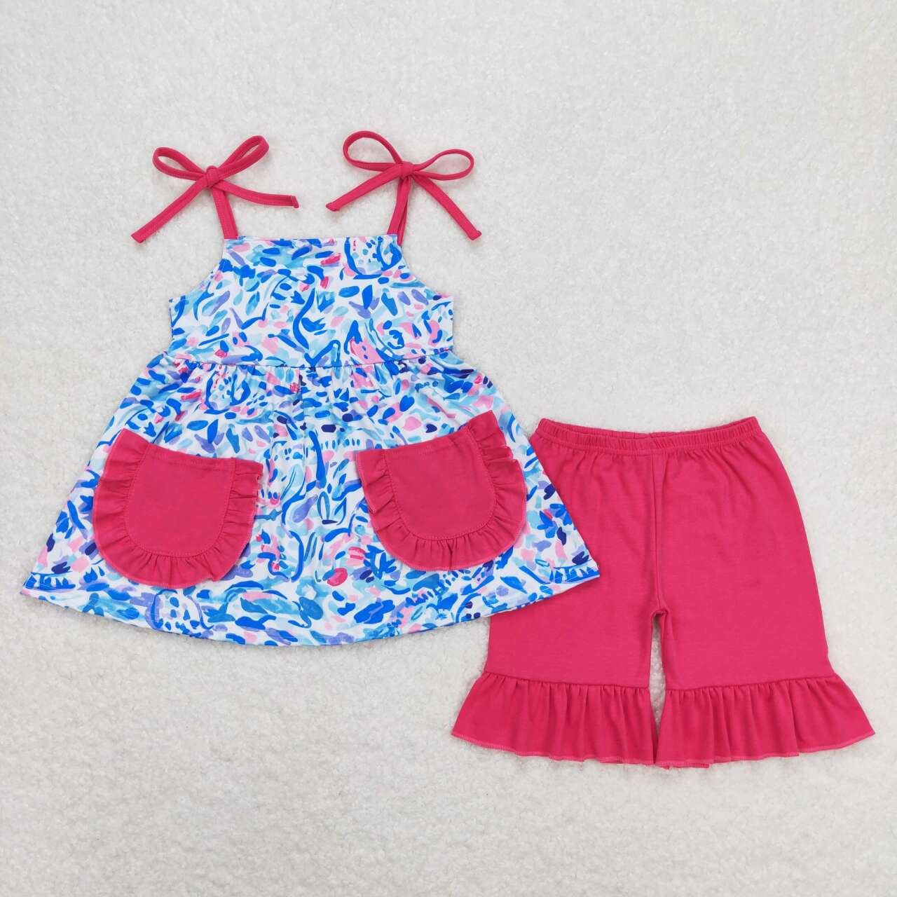 GSSO1028  Blue Flowers Strap Top Ruffle Shorts Girls Summer Clothes Set