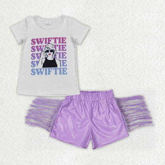 GSSO1029 Singer Swiftie Top Purple Tassels Shorts Girls Summer Outfits