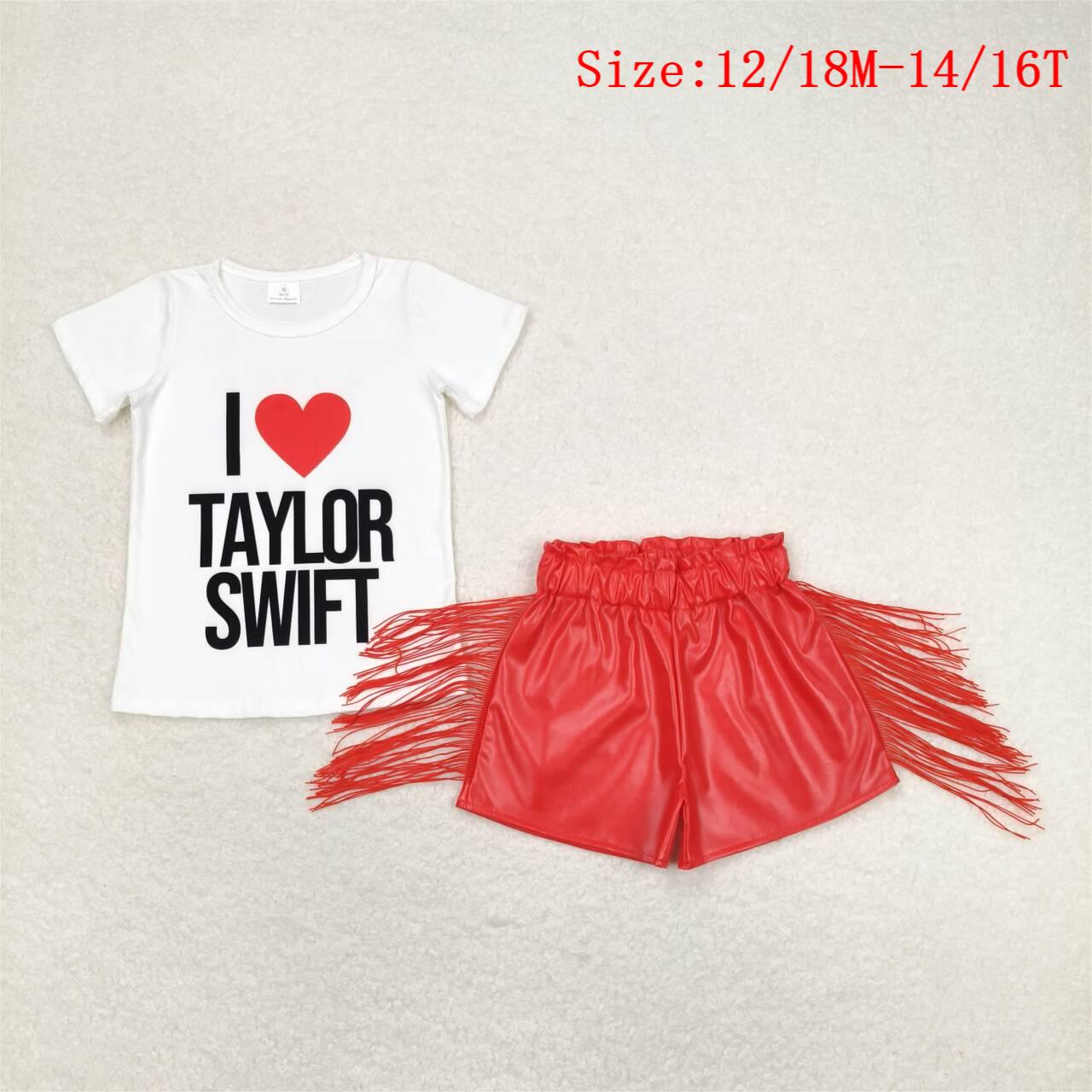 GSSO1030  I LOVE Singer Swiftie Top Red Tassels Leather Shorts Girls Summer Clothes Set